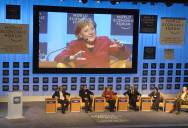 Chancellor Merkel taking part in a discussion at the World Economic Forum in Davos.
