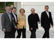 Angela Merkel mit George W. Bush, José Manuel Barroso, Wladimir Putin und Tony Blair