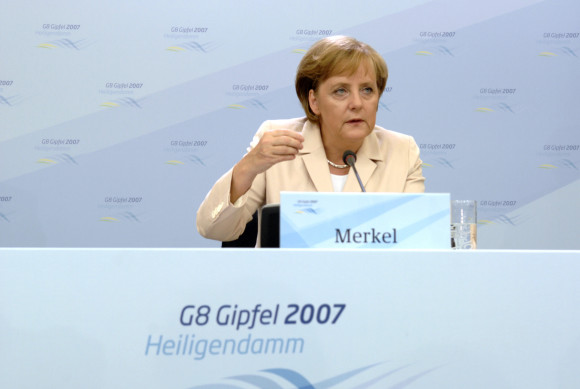 Bundeskanzlerin Angela Merkel bei der Abschlußpressekonferenz in Heiligendamm