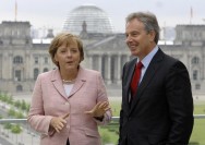 Angela Merkel and Tony Blair against the backdrop of the Reichstag in Berlin 
