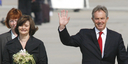 British Prime Minister Tony Blair and his wife, Cherie Blair, are welcomed at Rostock-Laage Airport by Harald Ringstorff, Minister-President of Mecklenburg-Western Pomerania