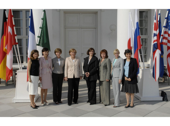 from left to right: Margarida Souza Uva, Akie Abe, Laura Bush, Chancellor Merkel, Cherie Blair, Ludmila Alexandrovna Putina, Laureen Harper and Flavia Franzoni Prodi