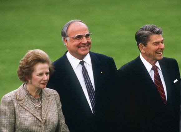 British Prime minister Margaret Thatcher, Chancellor Helmut Kohl und US-President Ronald Reagan.