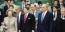 Chancellor Helmut Kohl, President Ronald Reagan and the British Prime Minister Margaret Thatcher on a walk from Palais Schaumburg to the Federal Chancellery